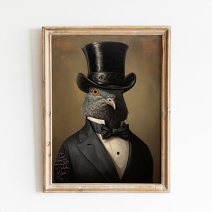 Vintage Pigeon Bird Painting Portrait, Suit Bowtie and Collar wall art canvas print for pigeon bird owner, bird lover and birdy memorial.