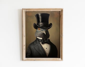 Vintage Pigeon Bird Painting Portrait, Suit Bowtie and Collar wall art canvas print for pigeon bird owner, bird lover and birdy memorial.