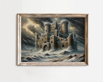 Snow Castle Canvas Print, Gothic Medieval Fortress, Winter Storm Wall Art