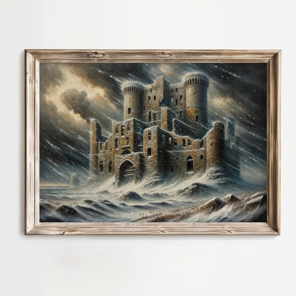 Enigmatic Snow Castle Canvas Painting, Medieval Fortress Stronghold in Winter Storm Wall Art, Gothic Castle Amidst Snowfall Poster Print