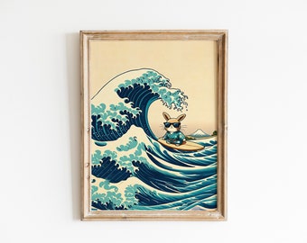 Bunny Rabbit Surfing Japanese Great Big Wave, Beach Ocean Seascape Wall Art Canvas or Poster Print portrait painting, bunny rabbit lovers