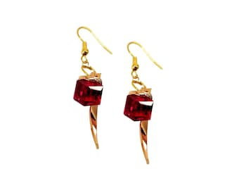 Mother's Day gift. Red Austrian Crystal Cube Drop Dangle Earrings, Lightweight 18k Gold Plated Earrings For Girls, Women.