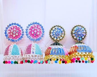 Jhumka Earring Set, Oxidized Multicolor And Silver Meenakari And Faux Pearls with Stone.