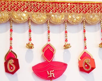 Shubh Labh Swastik Garland. Indian Festive Door Toran, 41&quot; Red Hanging For Wall, Fireplace