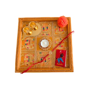 10Pc Thali Set With Gift Box For Diwali, Bhaidooj  Tea Light Holder With Candle, Roli, Chawal With Card  & Marigold