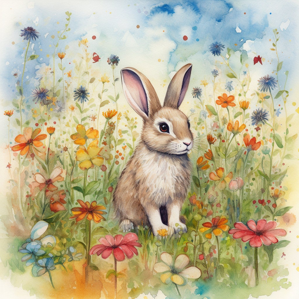 Curious Bunny in a Wildflower Meadow - Watercolor Painting - Etsy