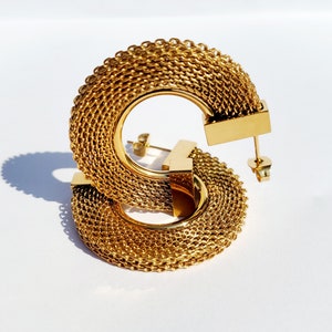Exaggerated Flat Mesh, Stainless Steel, 18k Gold Plated, Waterproof Hoop Earring