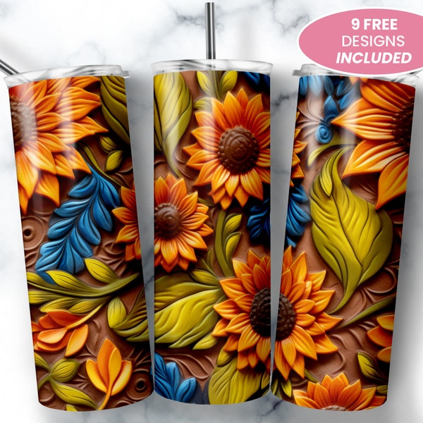 3D Leather Sunflowers 20 oz Skinny Tumbler, Sublimation Design, Digital Download, Straight Tumbler Wrap PNG, Graphics Print Instant Download