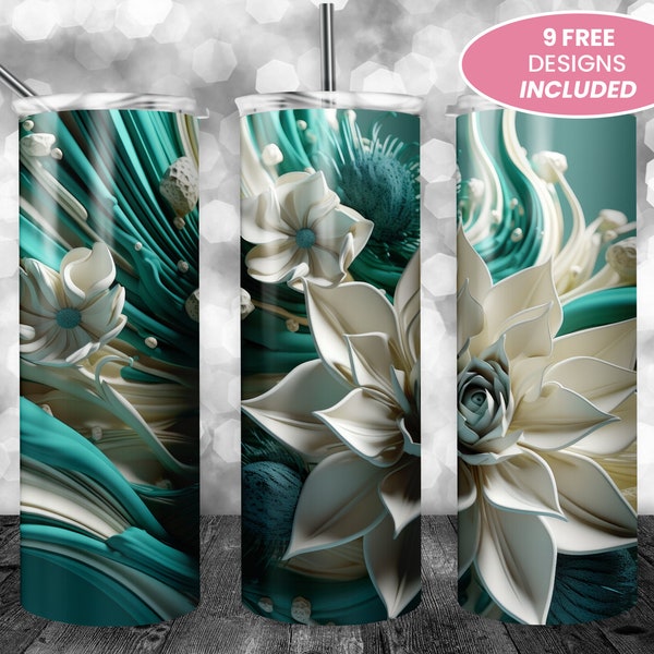 3D Teal White Fluid Flowers 20 oz Skinny Tumbler, Sublimation Design, Straight Tumbler Wrap PNG, Instant Digital Download, Floral Abstract