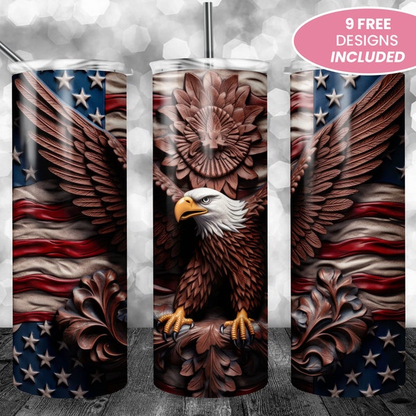 3D Tooled Leather American Eagle 20 oz Skinny Tumbler, Sublimation Design, Straight Tumbler Wrap PNG, Graphic, Instant Digital Download