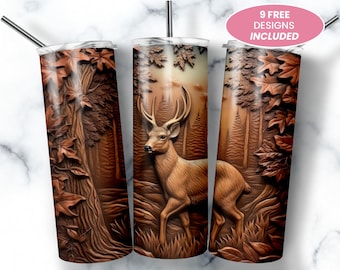 3D Rustic Leather Deer 20 oz Skinny Tumbler, Sublimation Design, Digital Download, Straight Tumbler Wrap PNG, Rustic Nature Design PNG Wrap