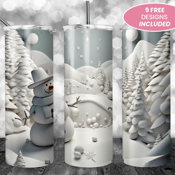3D Christmas Snowman 20 oz Skinny Tumbler, Sublimation Design, Straight Tumbler Wrap PNG, Instant Digital Download, Winter Snow