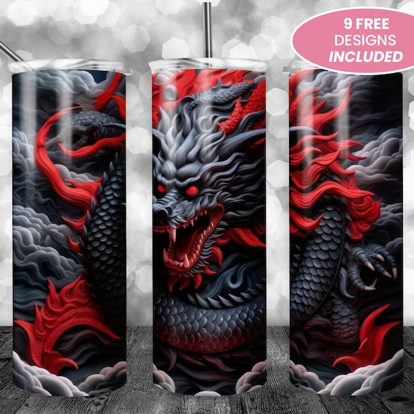 3D Black Red Dragon 20 oz Skinny Tumbler, Sublimation Design, Straight Tumbler Wrap PNG, Graphics Print, Instant Digital Download