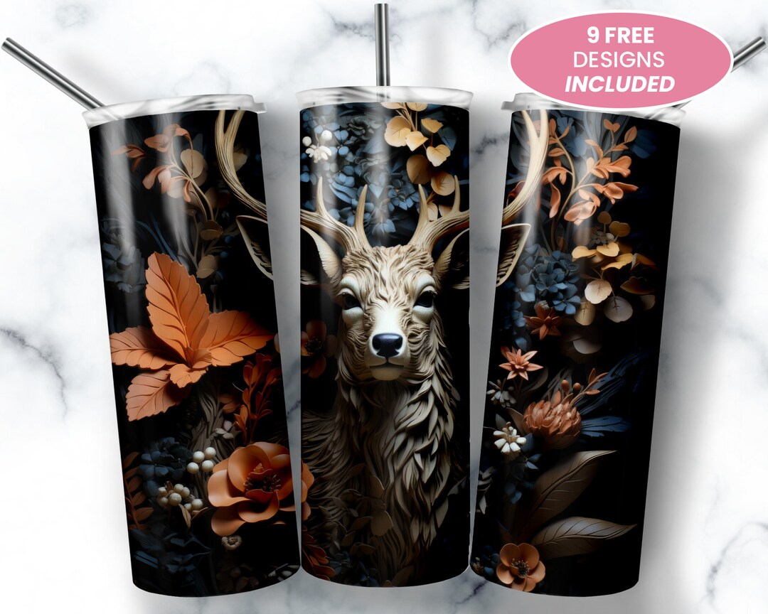 3D Deer in Bushes Flowers 20 Oz Skinny Tumbler, Sublimation Design ...
