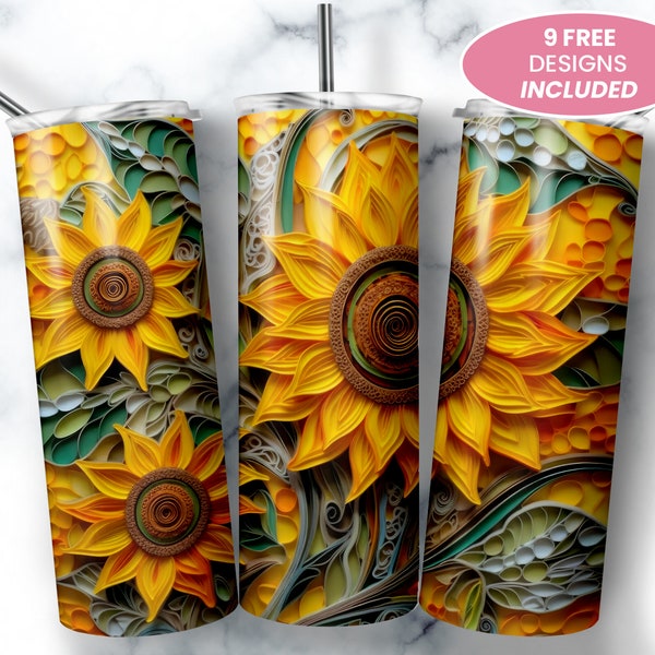 3D Sunflowers 20 oz Skinny Tumbler, Sublimation Design, Digital Download, Straight Tumbler Wrap PNG, Instant Download, Graphics Design