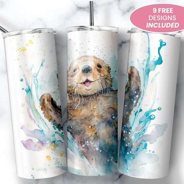 Watercolor Sea Otter 20 oz Skinny Tumbler, Sublimation Design Digital Download, Straight Tumbler Wrap PNG, Baby Otter Swimming Cute Adorable