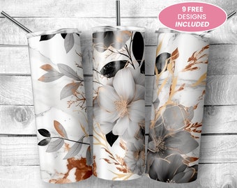 Floral Marble 20 oz Skinny Tumbler, Sublimation Design, Digital Download, Straight Tumbler Wrap PNG, Tumbler Wrap Flowers