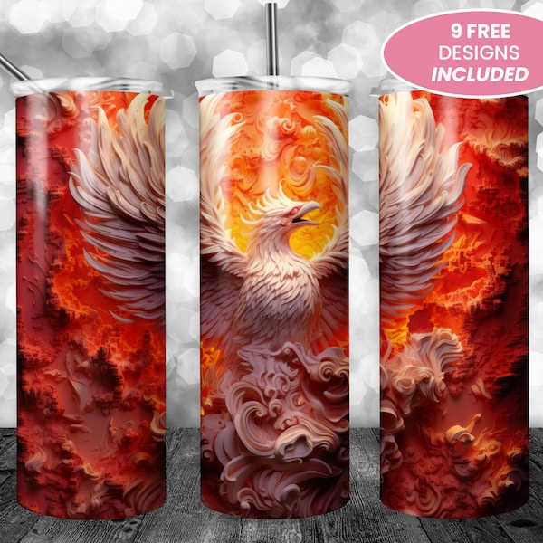 3D Phoenix From Ashes 20 oz Skinny Tumbler, Sublimation Design, Straight Tumbler Wrap PNG, Graphics Print, Instant Digital Download