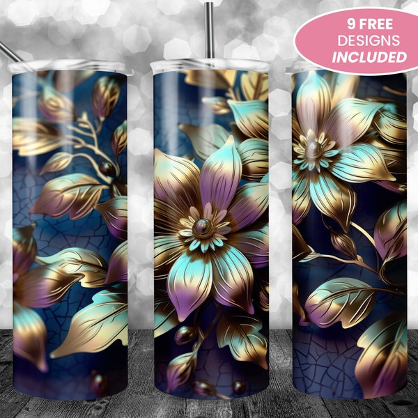 3D Metallic Purple Gold Flowers 20 oz Skinny Tumbler, Sublimation Design, Straight Tumbler Wrap PNG, Graphics Print Instant Digital Download