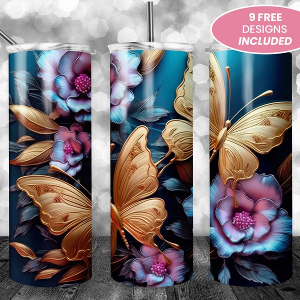 3D Metallic Butterflies Flowers 20 oz Skinny Tumbler, Sublimation Design, Straight Tumbler Wrap PNG, Graphics Print Instant Digital Download