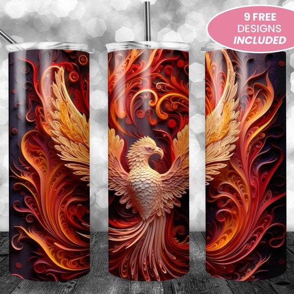 3D Quilled Phoenix Rising 20 oz Skinny Tumbler, Sublimation Design, Straight Tumbler Wrap PNG, Graphics Print, Instant Digital Download