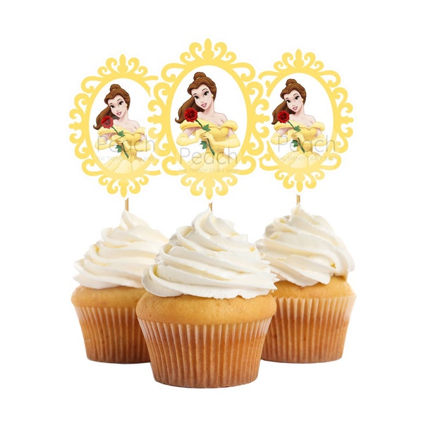 Princess Belle Cupcake Toppers, Beauty and the Beast Toppers, Belle Birthday Party, Princess Birthday Party, Yellow Party Decoration.