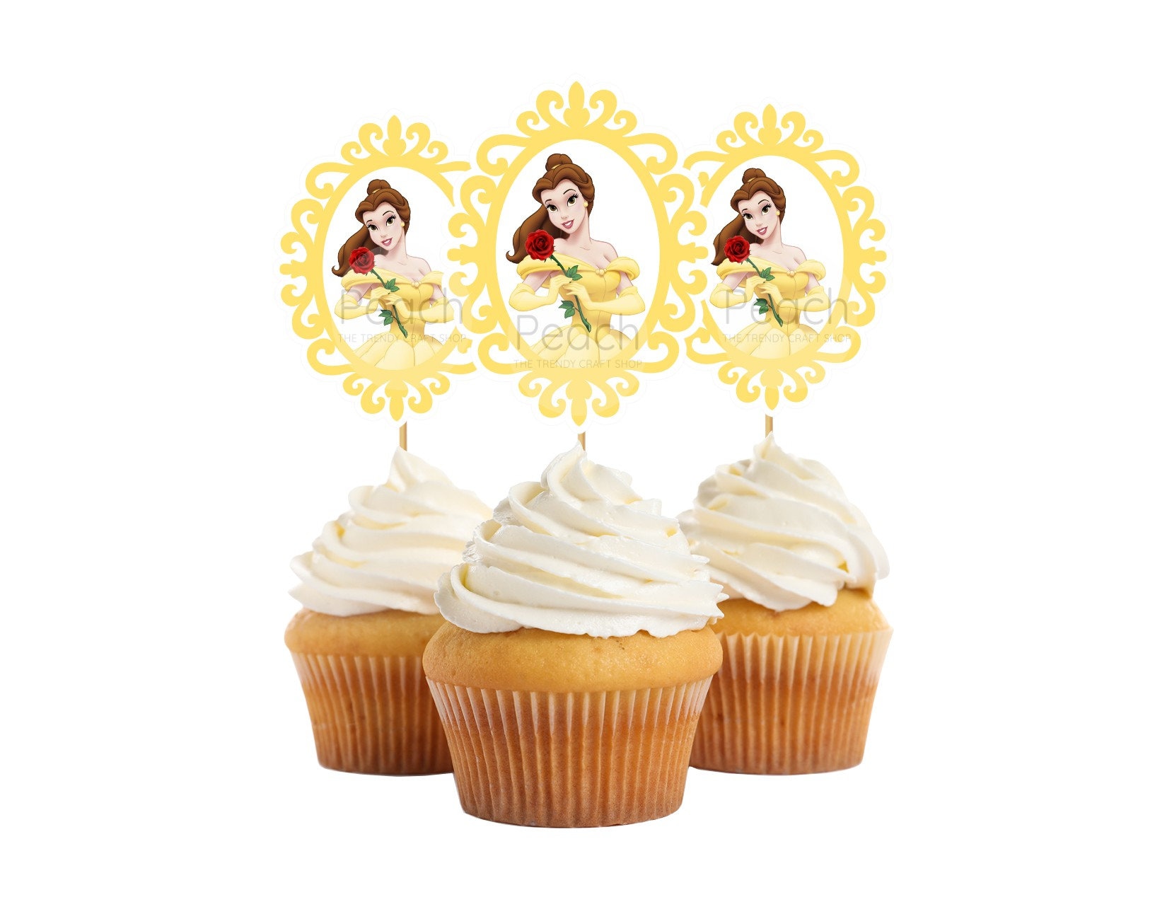 Princess Belle Cupcake Toppers, Beauty and the Beast Toppers, Belle ...