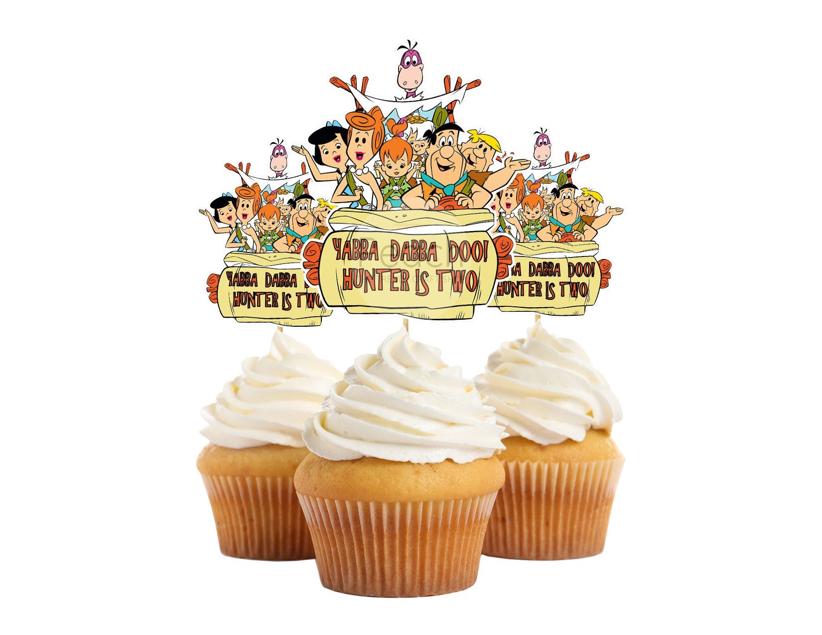 Flintstones Cupcake Toppers, Personalized Flintstones Toppers