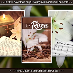 May include: Three custom church bulletin PDFs with religious imagery. One features a lit candle, a cross, and an open book. Another displays the text "He Is Risen" and a crown of thorns. The third shows sheet music.