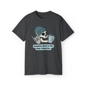 Pumpkin Spice Skeleton in Blue T-Shirt
