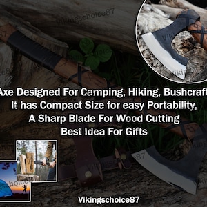 May include: A small, black-handled axe with a wooden handle and a sharp, silver blade. The axe is designed for camping, hiking, and bushcraft. It has a compact size for easy portability and is a great gift idea.