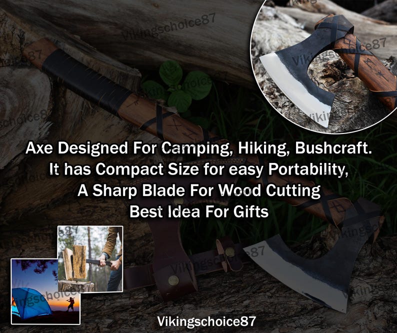 May include: A small, black-handled axe with a wooden handle and a sharp, silver blade. The axe is designed for camping, hiking, and bushcraft. It has a compact size for easy portability and is a great gift idea.
