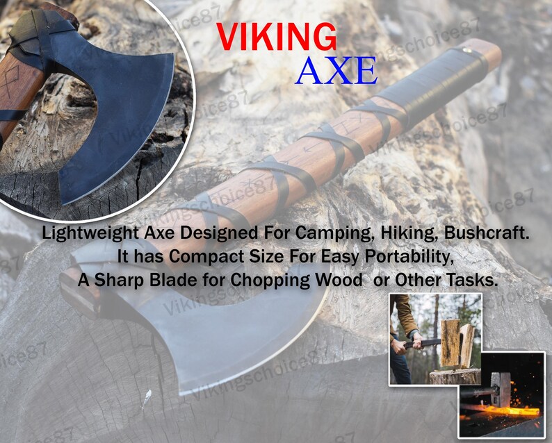 May include: A black and brown Viking axe with a leather handle. The axe is on a wooden surface. The text "VIKING AXE" is in the upper part of the image. The text "Lightweight Axe Designed For Camping, Hiking, Bushcraft. It has Compact Size For Easy Portability, A Sharp Blade for Chopping Wood or Other Tasks." is below the axe.
