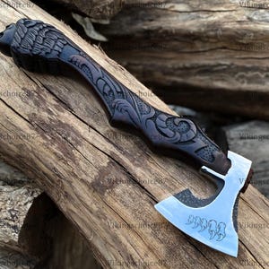 Handcrafted Viking Axe and Carved Head Handle, Engraved Carbon Steel Blade, Wall Decor axe, Cosplay axe, Anniversary gift, Birthday gift axe