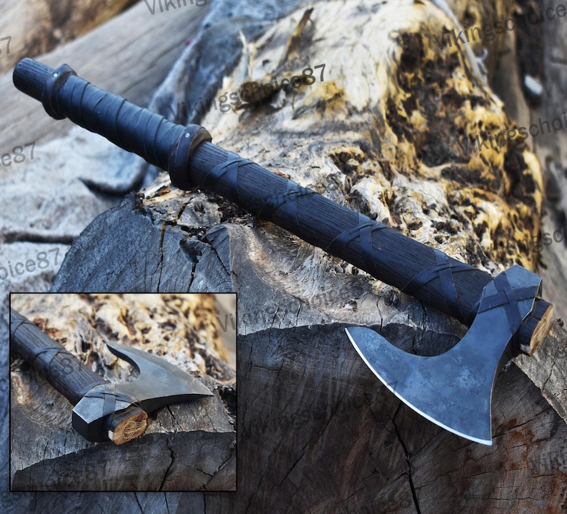 RAGNAR VIKING AXE Forged Camping Axe with Rose Wood Shaft, Viking Bearded Nordic, Custom gift for her, handmade gift for bestman, Larp Axe Black Ragnar Axe