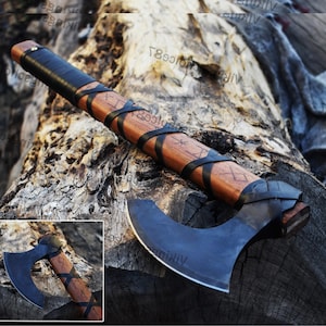 Viking King Ragnar Axe, Beautiful Black Axe ,Camping Axe, Hand forged Axe, Ragnar axe With Leather Cover,valentine's day Gift,Birthday gift. image 1