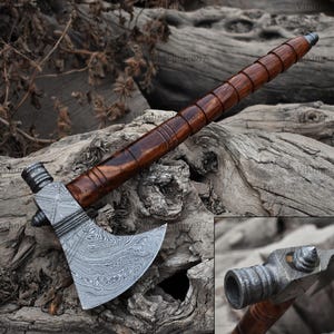 RAGNAR VIKING AXE Forged Camping Axe with Rose Wood Shaft, Viking Bearded Nordic, Custom gift for her, handmade gift for bestman, Larp Axe Damascus Axe