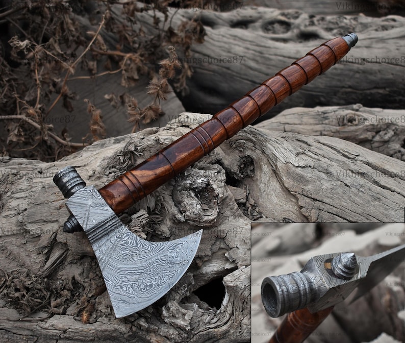 RAGNAR VIKING AXE Forged Camping Axe with Rose Wood Shaft, Viking Bearded Nordic, Custom gift for her, handmade gift for bestman, Larp Axe Damascus Axe