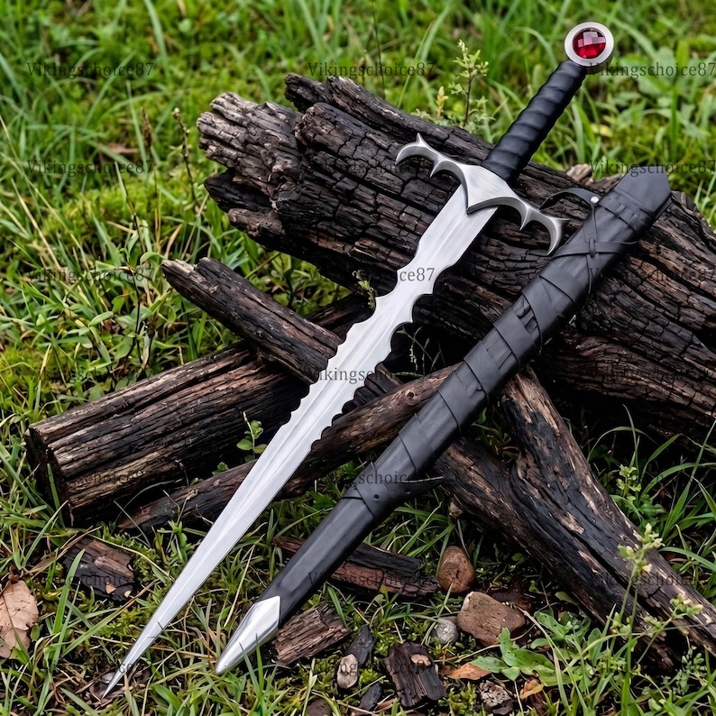 Handsmidet alviskt långsvärd: Damaskusstålklinga, valnötshandtag, smaragdfärgade detaljer, svärd i bröllopspresent Sword + Scabbard