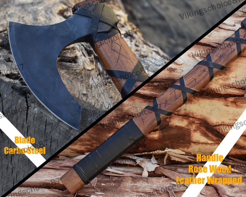 May include: A black axe with a wooden handle wrapped in leather. The blade is made of carbon steel and the handle is made of rose wood. The handle is decorated with runes.