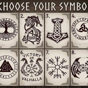 May include: A grid of eight rectangular cards labeled CHOOSE YOUR SYMBOL, each featuring black ink illustrations on a light background. Designs include a tree, a dragon, a hammer, a triquetra, a valknut, text reading VICTORY OR VALHALLA, and various compass symbols.