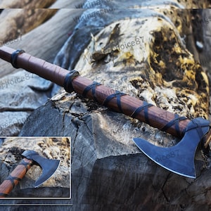 RAGNAR VIKING AXE Forged Camping Axe with Rose Wood Shaft, Viking Bearded Nordic, Custom gift for her, handmade gift for bestman, Larp Axe Ragnar Axe