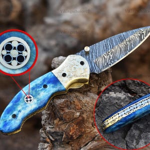 Handmade Damascus steel pocket folding knife bone handle with leather cover, camping outdoor pocket knife, anniversary gift Christmas gift