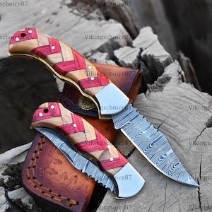 Coltello tascabile pieghevole fatto a mano in Damasco, lama pieghevole, coltello tascabile da campeggio, regalo di anniversario per il marito, coltello regalo di compleanno per il fidanzato