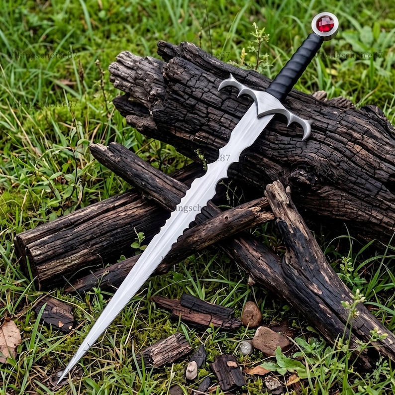 Handsmidet alviskt långsvärd: Damaskusstålklinga, valnötshandtag, smaragdfärgade detaljer, svärd i bröllopspresent Sword+leather Sheath