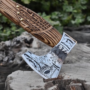 RAGNAR VIKING AXE Forged Camping Axe with Ash Wood handle, camping axe Viking Bearded Nordic Cosplay axe, Anniversary gift for husband, Gift
