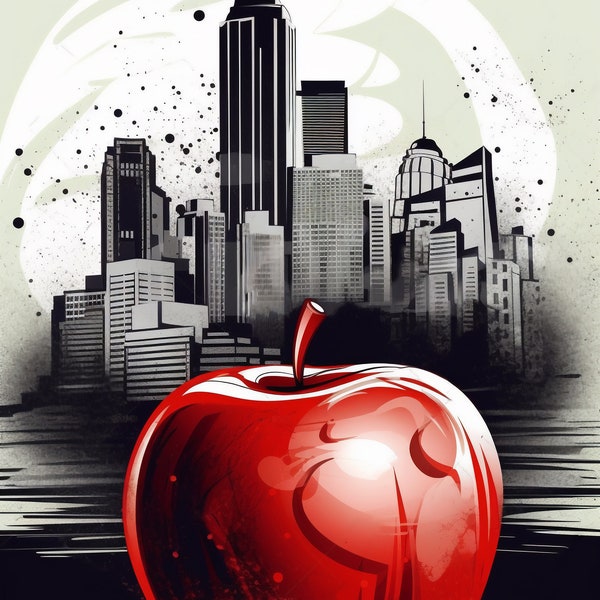 NY Crimson Cityscape Red Apple Instant Download