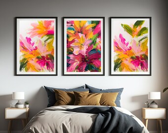 Abstract Flowers Printable Wall Art Set - Colorful Modern Home Decor Prints - Set of 3