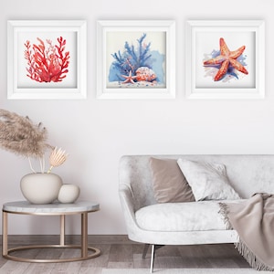 Square Art Print Set Blue & Coral Colors Coastal House Wall Art, Set of 3 Sea Life Wall Art Set