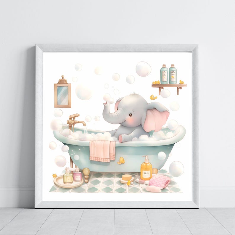 Square Art Print Set Cute Baby Elephant Bathroom Wall Art Set ...